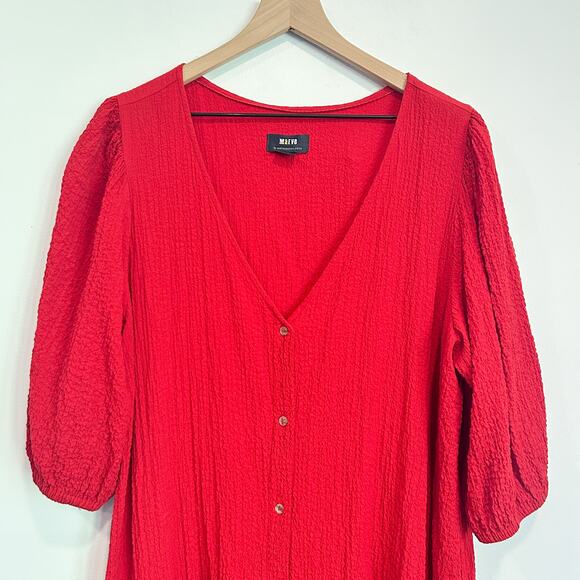 Maeve Scarletta Crinkle Button Up VNeck Maxi Dress Red Size L - Picture 2 of 7